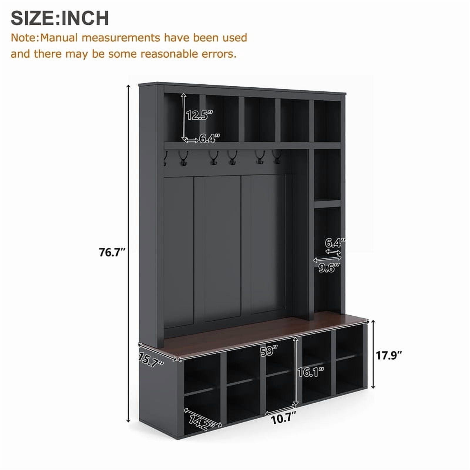 Farmhouse 4-in-1 Entryway Hall Tree with 6 Hooks, Versatile Storage Bench with Open Cubbies, Entryway Coat Rack with Adjustable Shelves for Mudroom, Living Room