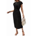 thumbnail image 3 of Women'S Summer Round Neck Casual Elegant Waist Tie Short Sleeve Long Dress Black L, 3 of 9