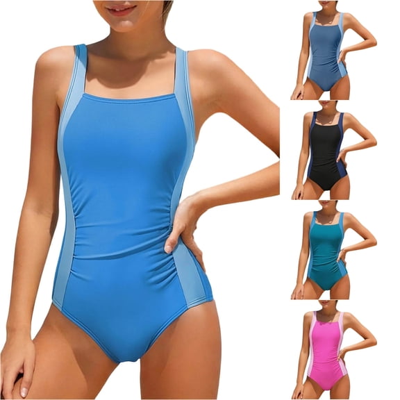 Rggeeun Baby Girls One-Piece Solid Color Wide Straps Square Neck U-Back Elastic for Summer Lap Swimming Lovely Swimwear,Blue,7-8 Years