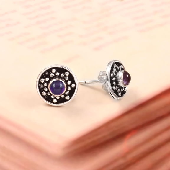 Amethyst Stud Earrings – 925 Sterling Silver Natural Amethyst Round Studs, Purple Gemstone Minimalist Earrings for Women