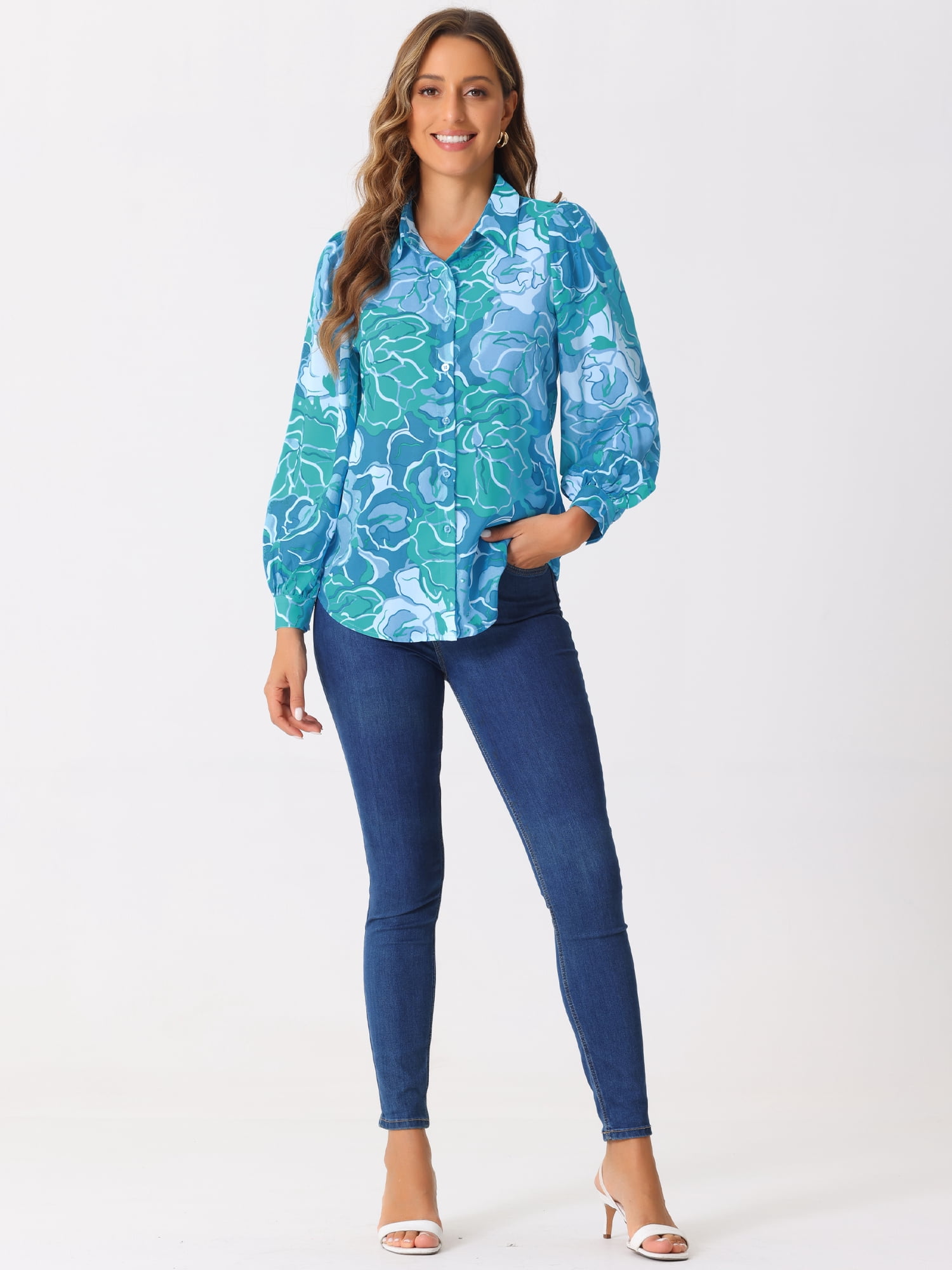 DARING DIVA Women's Button Down Floral Print Chiffon Tops M Blue