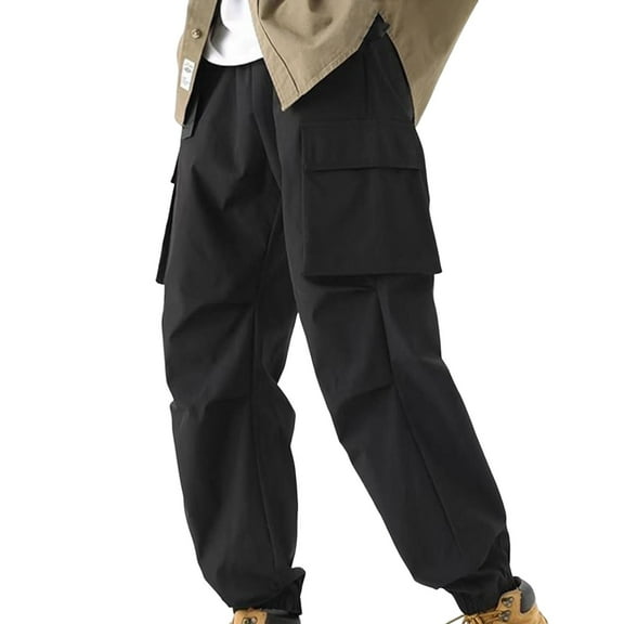 IYTR Mens Cargo Pants Outdoors Drawstring Jogger Pants with Pocket Comfy Sweatpants Casual Fashion Baggy Pants Hiking Solid Color Trousers (Black,M)