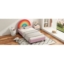 Rainbow Design Upholstered Twin Platform Bed Cute Style Princess Bed for Boys & Girls, Teens, Colorful & Pink