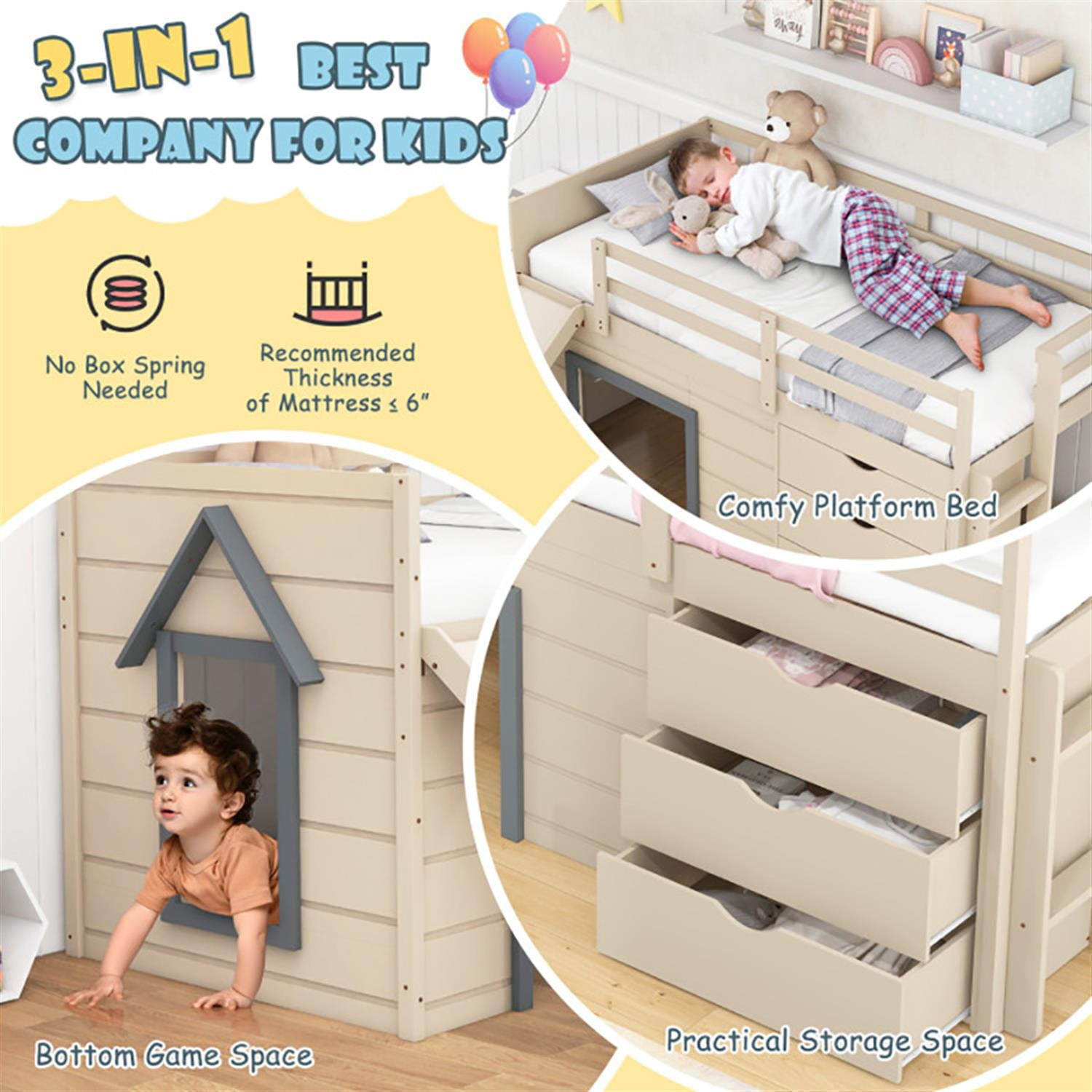 Demi Bonn 3-In-1 Twin Loft Bed with Slide Ladder Drawers Teens, Solid Wood Loft Bed with Ladder and Full-length Guardrails, Beige