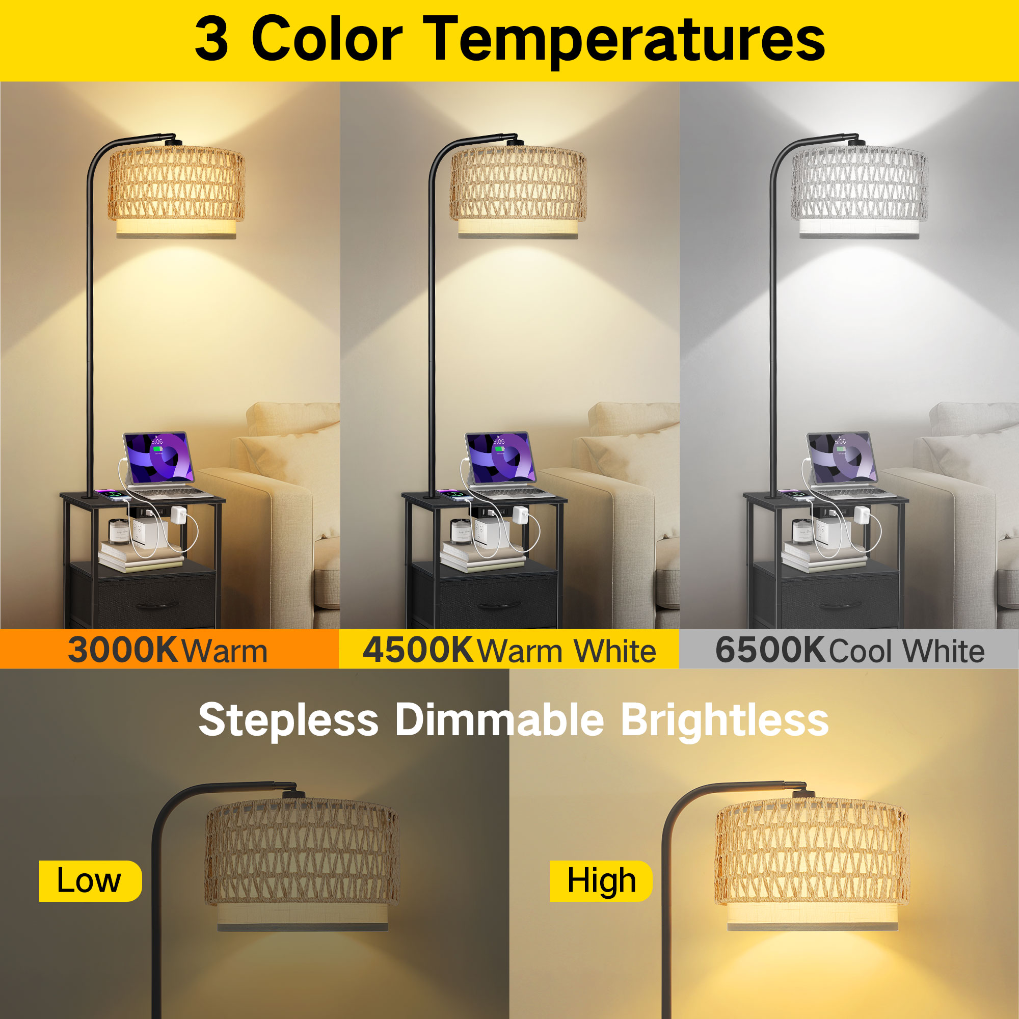 OUTONLIFE Floor Lamp with Table for Bedroom Living Room, End Table with 2 Drawers , Lamp with USB Port and Outlet, 3 Color Led Bulb Included, Black