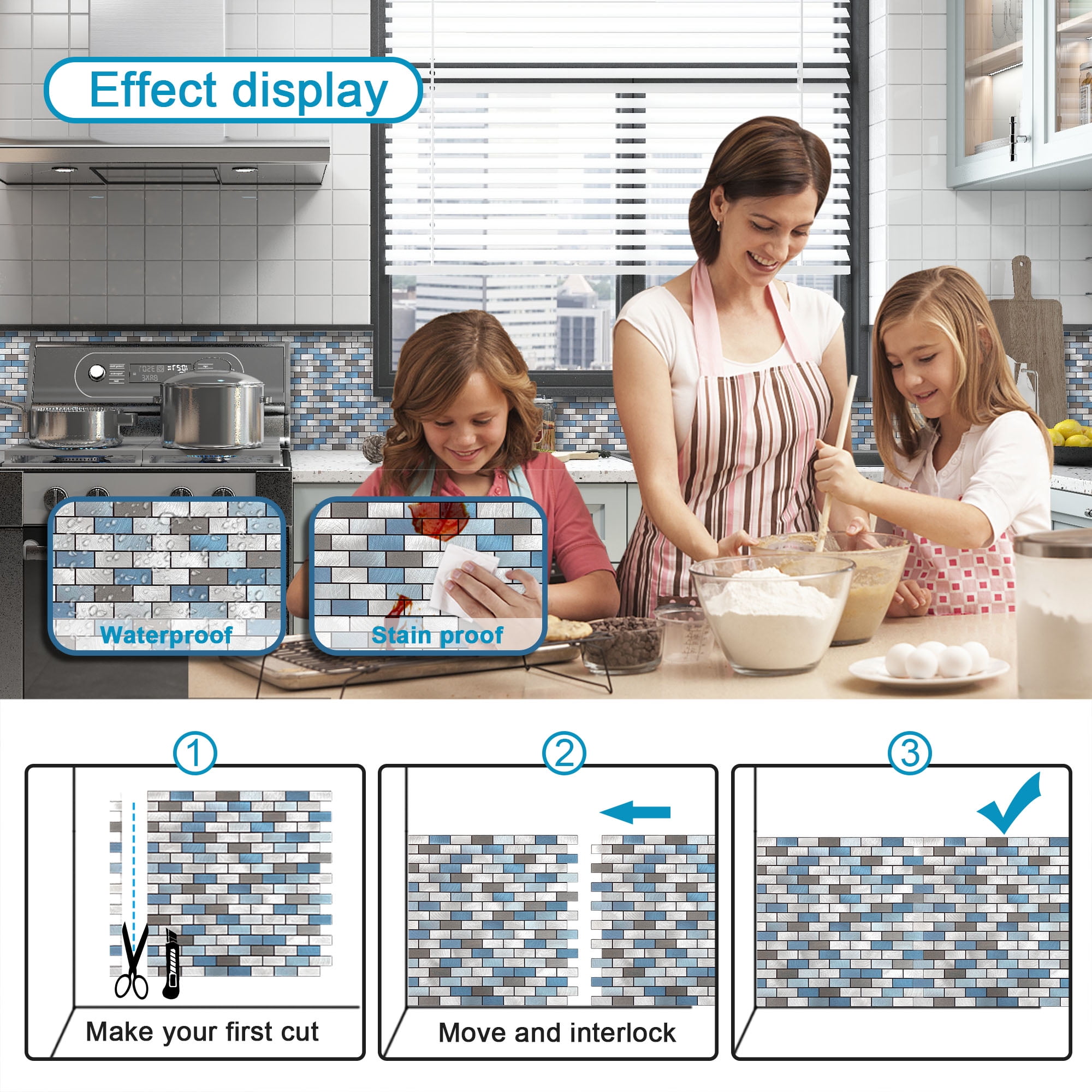 BeNice Peel and Stick Backsplash Kitchen Backsplash Tile Stickers Metal Blue
