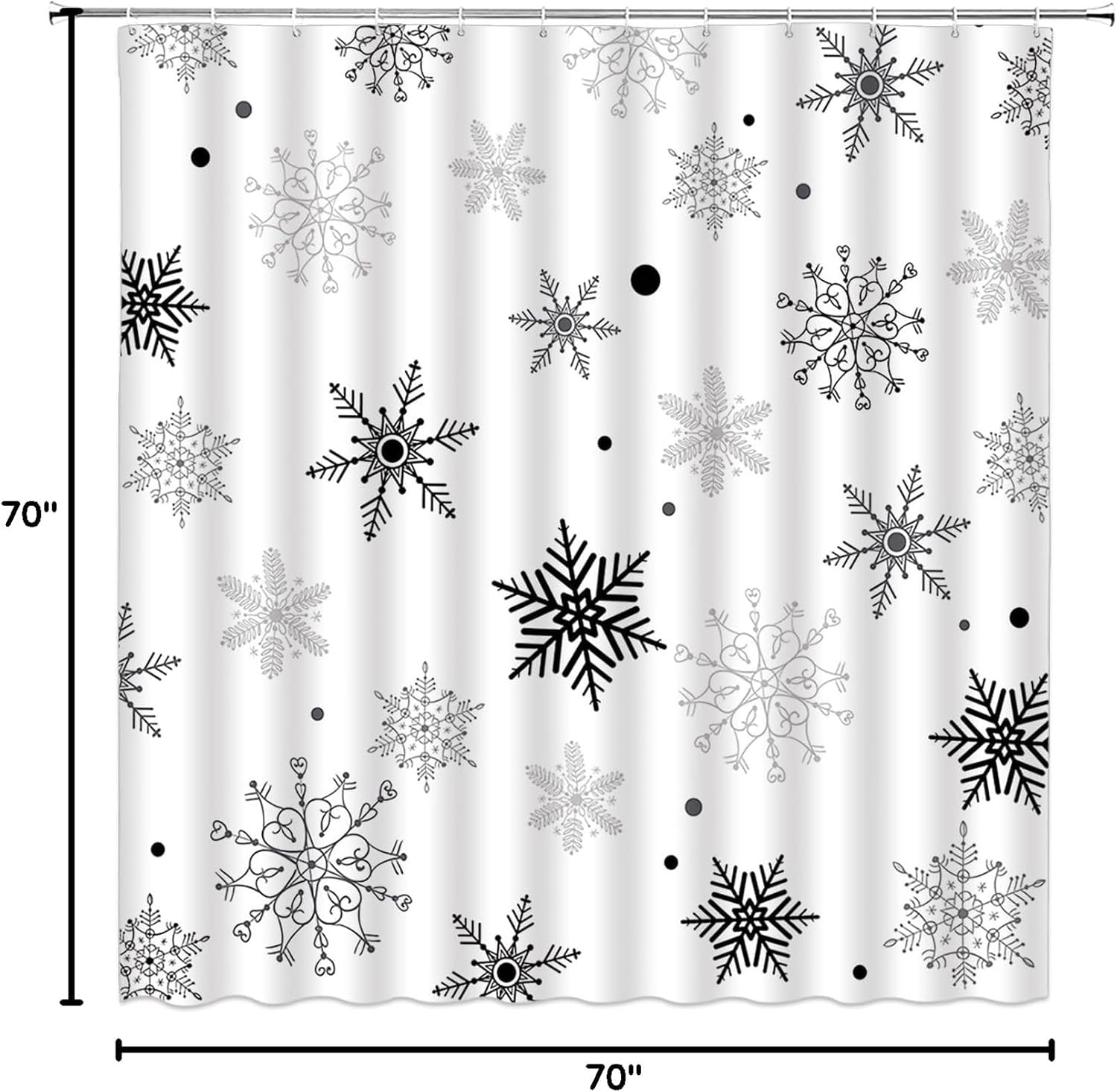Christmas Snowflake Shower Curtain Winter Snowy Black Gray Merry Christmas Holidy Fabric Bathroom Curtain Set with Hooks(70" WX70 H)