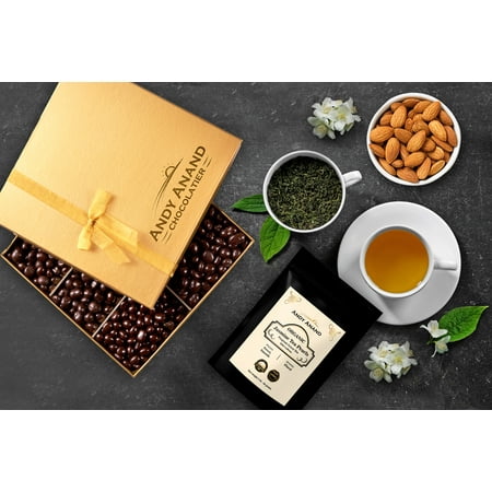 Corporate Chocolate Gifts Andy Anand Vegan Dark Chocolate coated Roasted Almonds Gift Box 1lbs With Free Jasmine Tea 2oz, All-Natural Gourmet Christmas Holiday Corporate Food Gifts with Greeting Card, Anniversary, Birthday ()