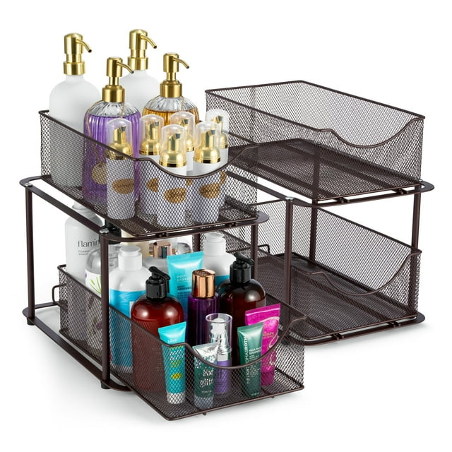 Sorbus 2 Juegos de Organizadores de Metal de 2 Niveles Debajo Del Fregadero para Baño, Cocina, Cajones Deslizantes de Malla de Acero Resistente para Gabinete, Armario, Despensa y Almacenamiento