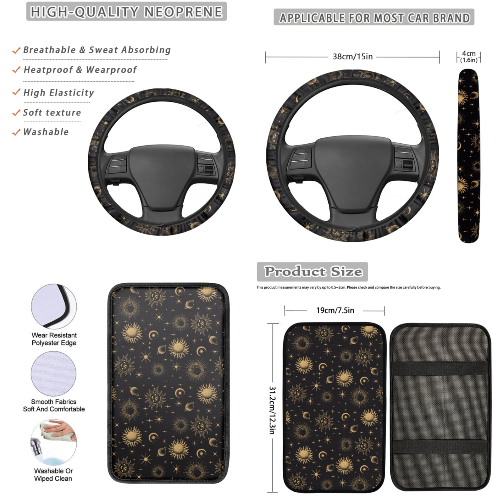 Yuyamidu Gold Sun and Moon Front Back Seat Cover Set of 13 Universal Steering Wheel Cover Seat Belt Pad Armrest Cover Pad Lipstick Sleeve Coasters Keychain Car Accessories Set