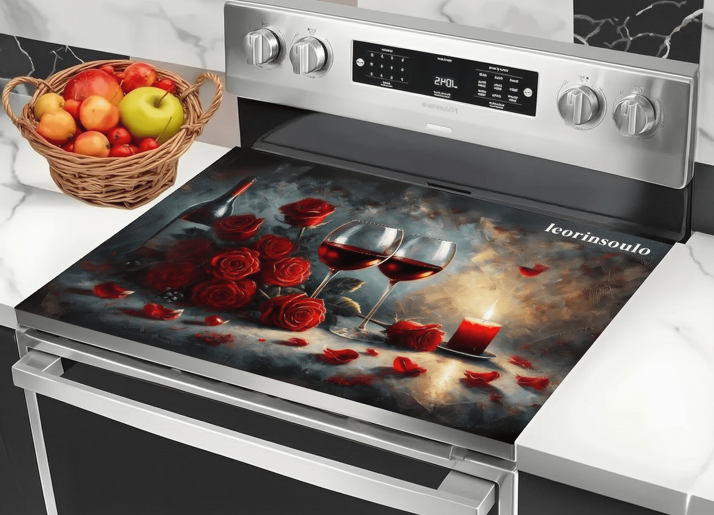 leorinsoulo Heat-Resistant Stove Cover Mat–Wine&Rose Print for Electric Cooktops (28.3×20.5in)