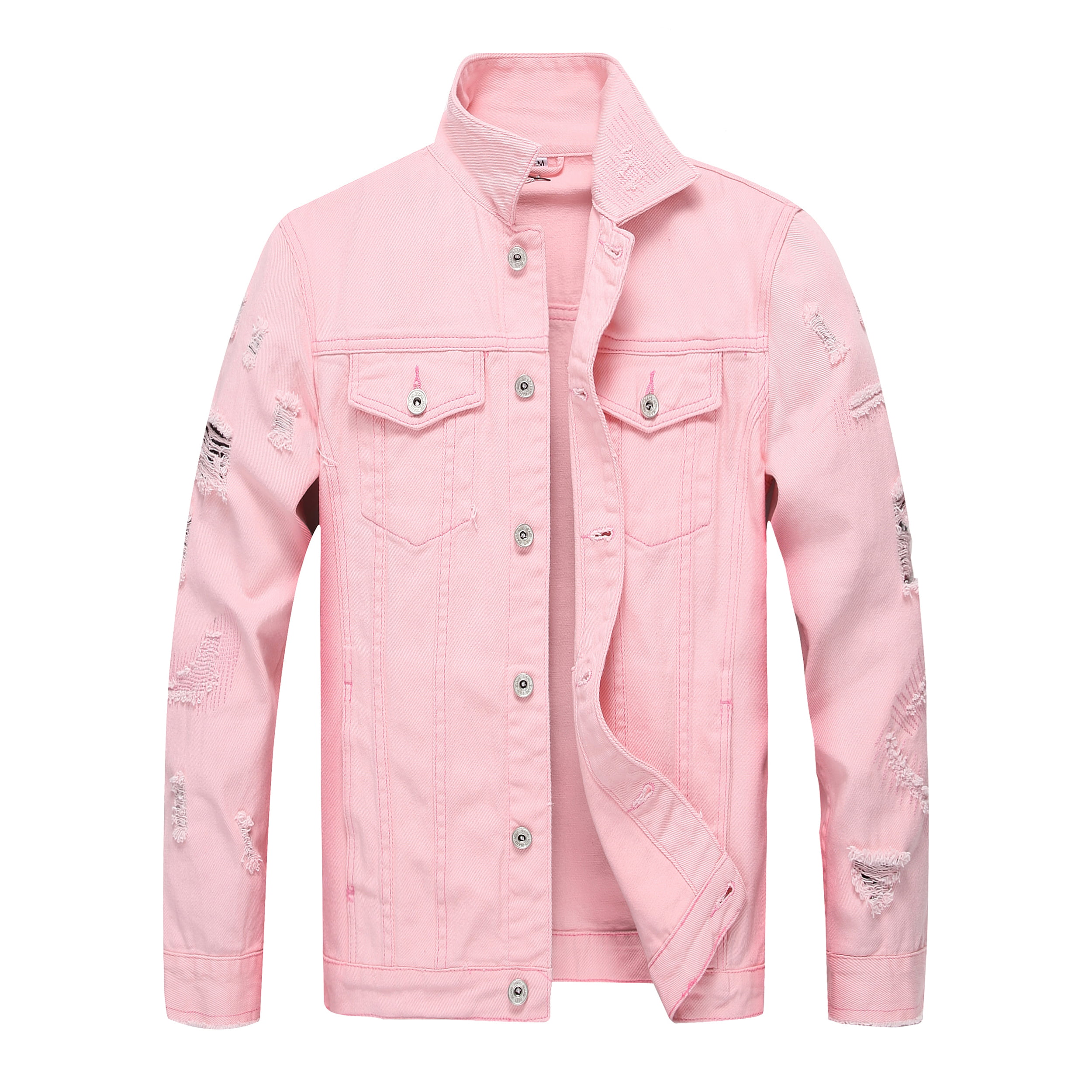 Men Classic Ripped Denim Jacket, Slim Pink Jean Jacket with Holes for ...