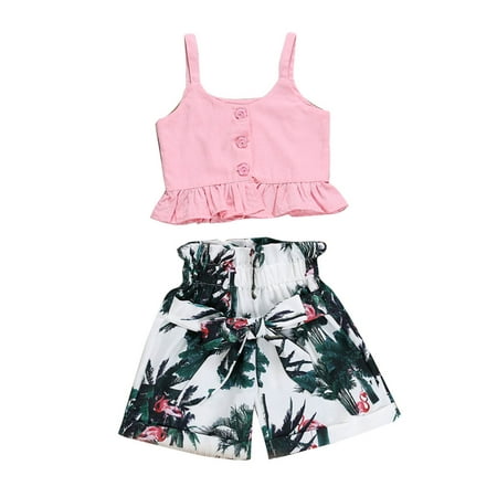 

wybzd Baby Girls Rainforest Clothes Set Sleeveless Button Camisole+Flamingo High Waist Wide Leg Shorts 2Pcs Outfits Pink 1-2 Years