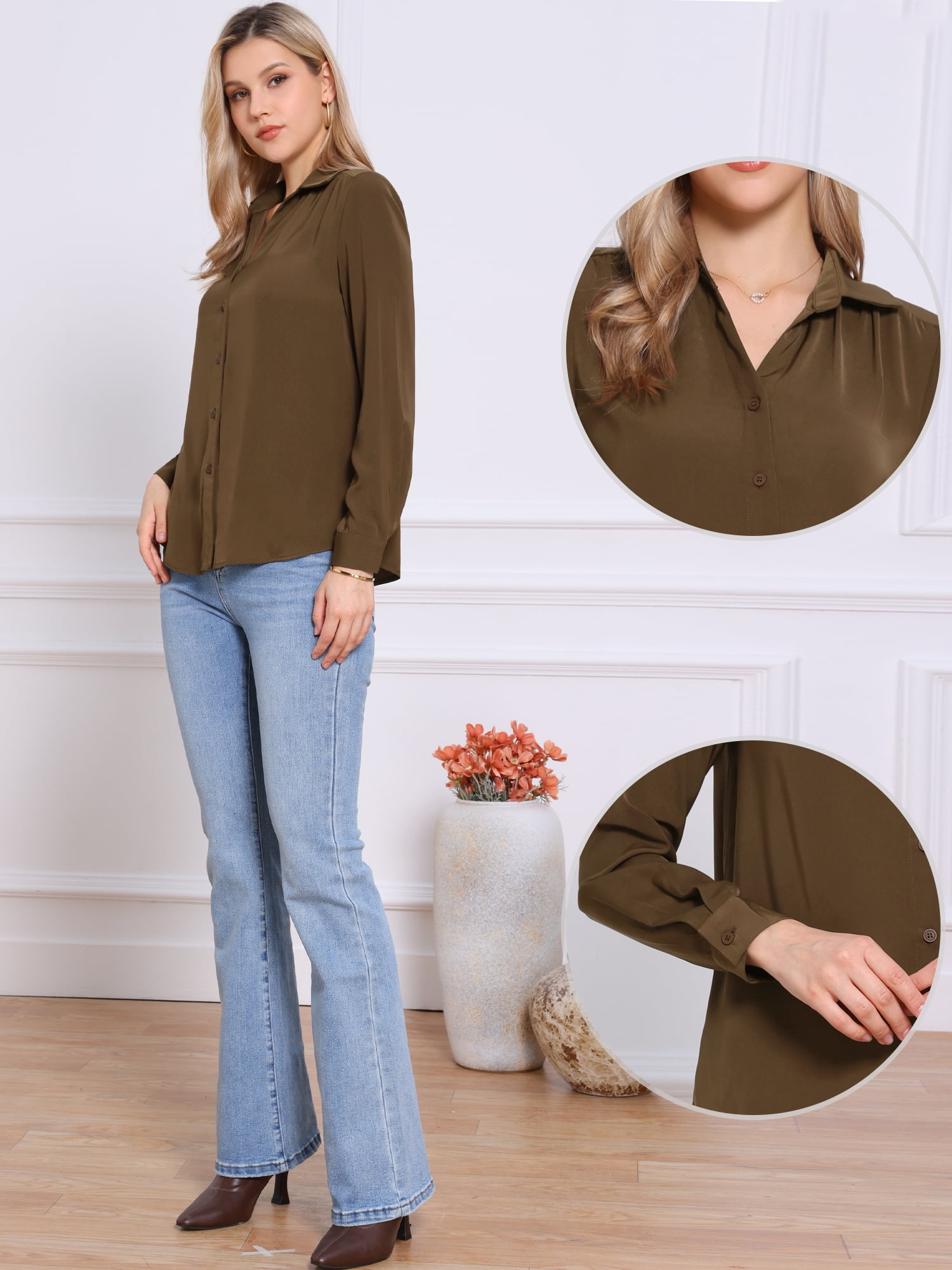 DARING DIVA Women's Long Sleeve Business Casual Work Top S Brown
