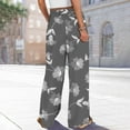 thumbnail image 4 of Mlqidk Pants for Women Dressy Loose High Waist Pants Elastic Drawstring Wide-Leg Beach Pants Summer Boho Floral Print Trousers with Pockets Gray S, 4 of 5