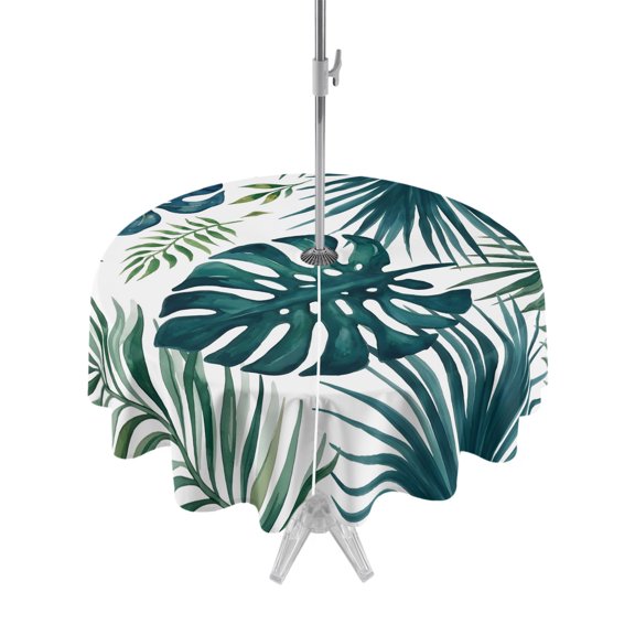 Outdoor Tablecloth with Umbrella Hole Zipper Summer Botanical Round Tablecloth 54" Waterproof Outside Table Cloth Palm Leaf Tropical Monstera Leaves Patio Table Cover Tablecloths for Picnic Party