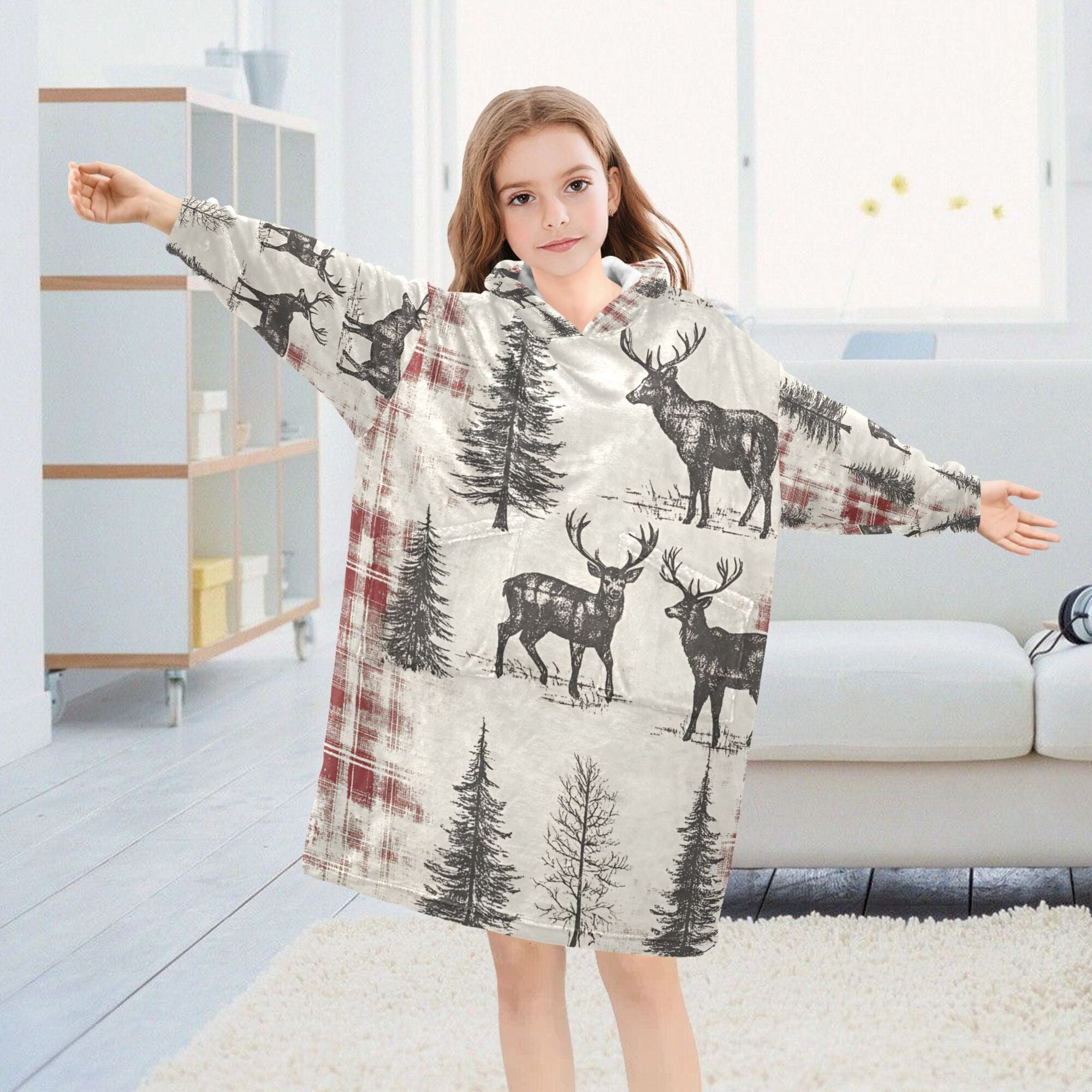 FORMRS Wearable Blanket Hoodie with Sleeves for Kids Cozy Flannel Sweatshirt, Beige Deer