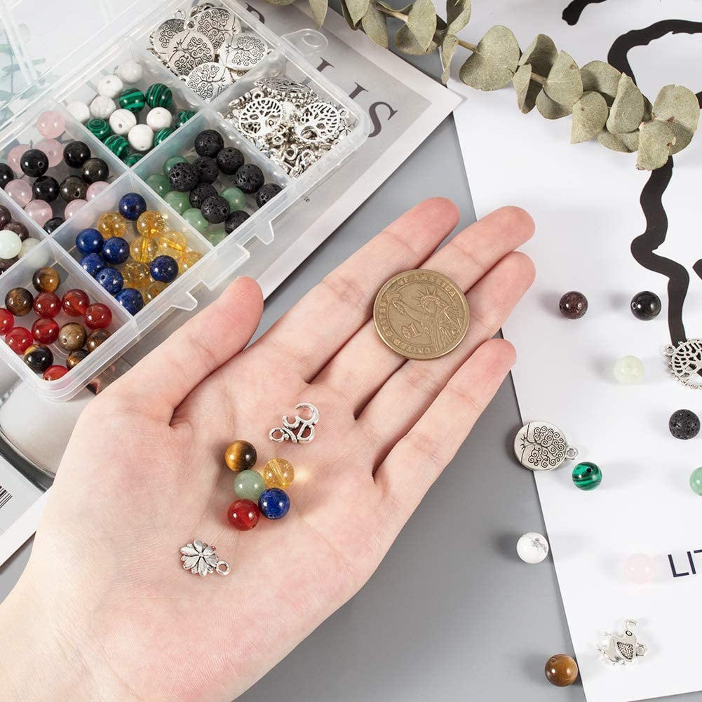 120 Pcs Natural Gemstone/Lava Beads 60 Pcs Alloy Spacer Beads 50 Pcs Tibetan Style Alloy Pendants 50 Pcs Jump Rings 2 Rolls Elastic Strings and 1 Pc Steel Scissor for Jewelry Making Mixed Color