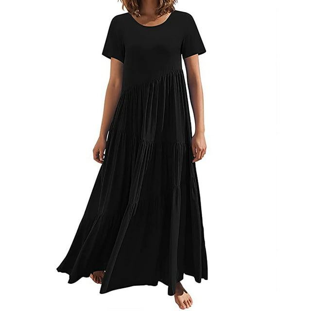 Robe à Manches Longues Femme Mode Estivale pour Femmes Robe Longue Ample Manches Courtes Col Rond Asymétrique à Étages Robe Longue de Plage Robe d'Été pour Femmes Robe d'Été Aguichant à Manches Longues