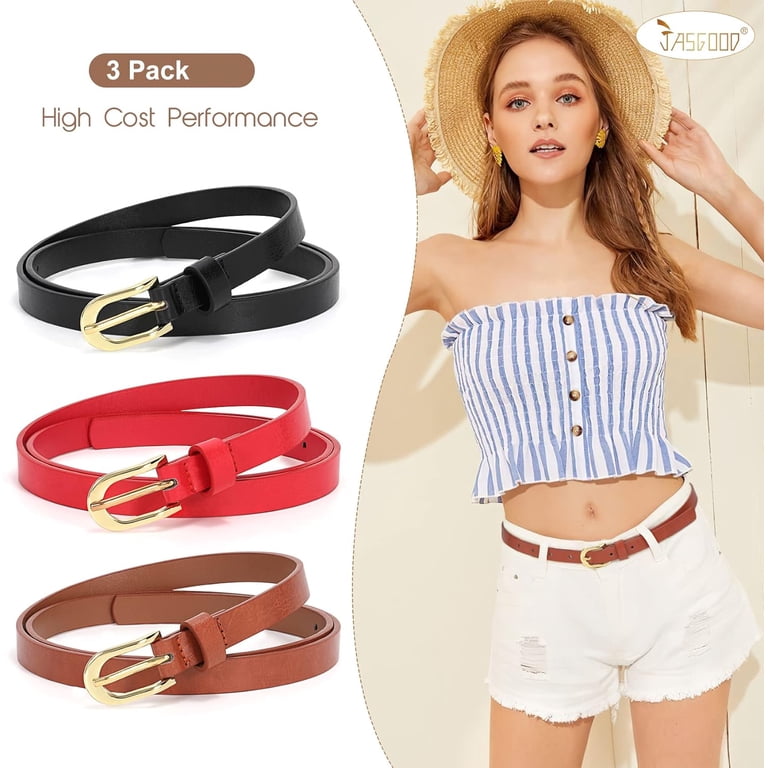 3 Pack Skinny Leather Chic Belt for Women, PU Leather Thin  display picture 2