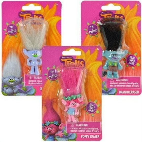 Licensed Dreamworks Trolls Molded Erasers Assorted Designs Party Favors, 3 Count