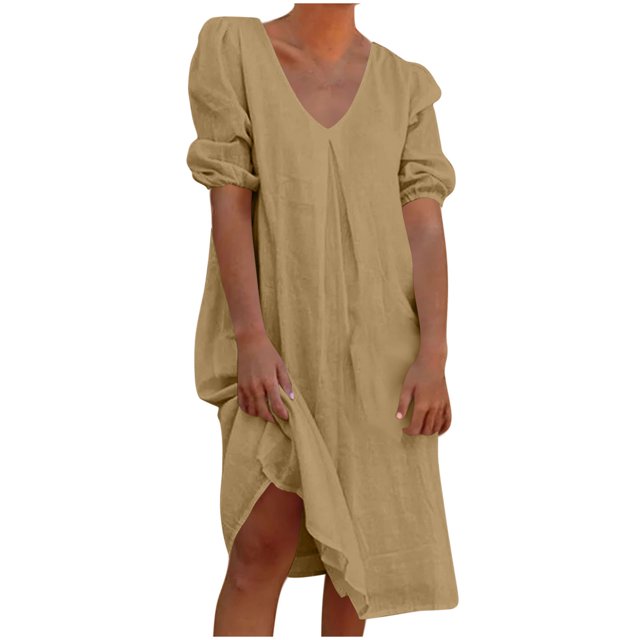 Liquidation d'Été 2025! Robe pour Femme Grande Taille, Liquidation de Robes d'Été pour Femmes, Combinaison d'Été pour Femme en Coton et Lin à Manches Courtes, Col en V, Manches Courtes, Jupe Longue