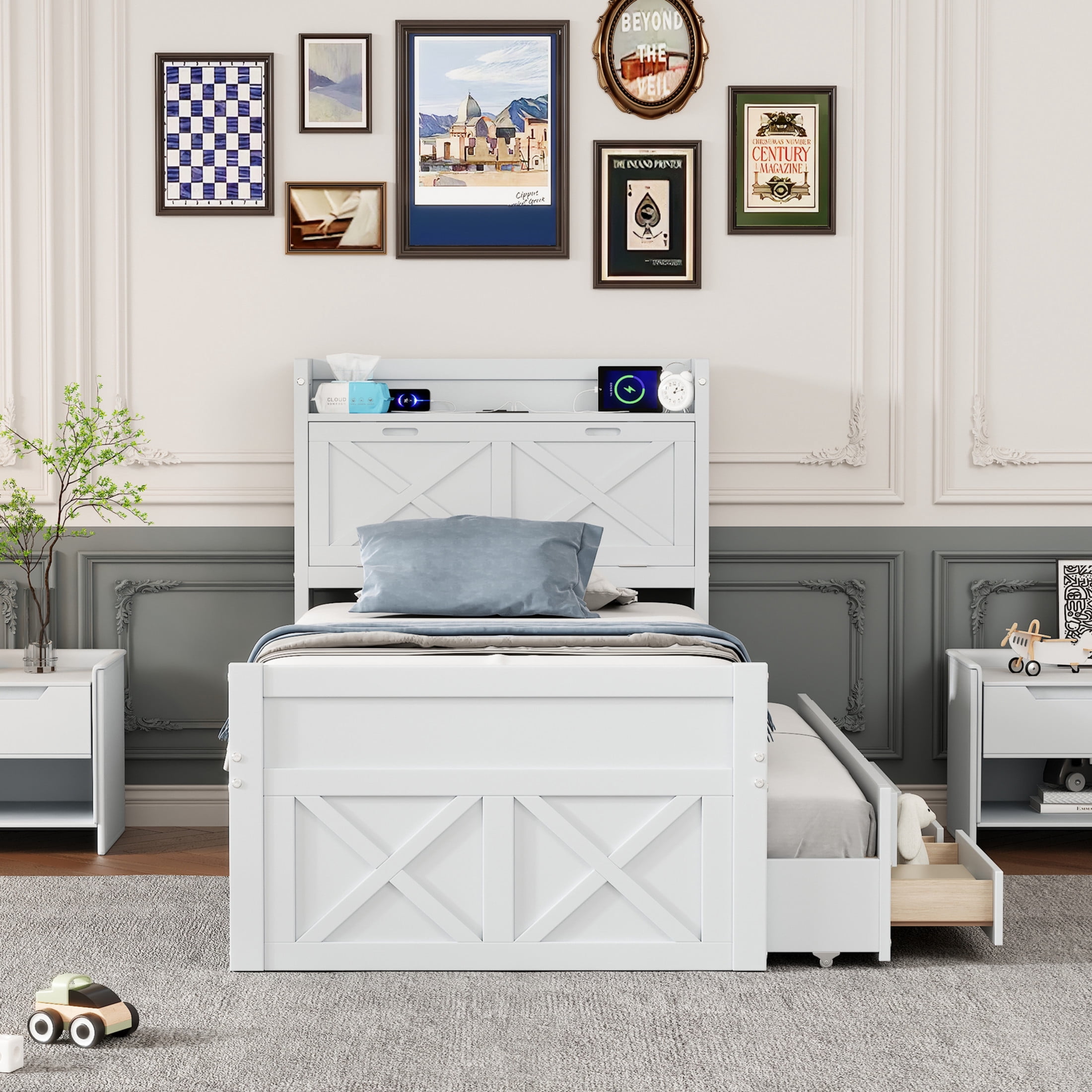Noble House Twin Size Wooden Bed with Trundle, Drawers, Storage Headboard and Outlets, White