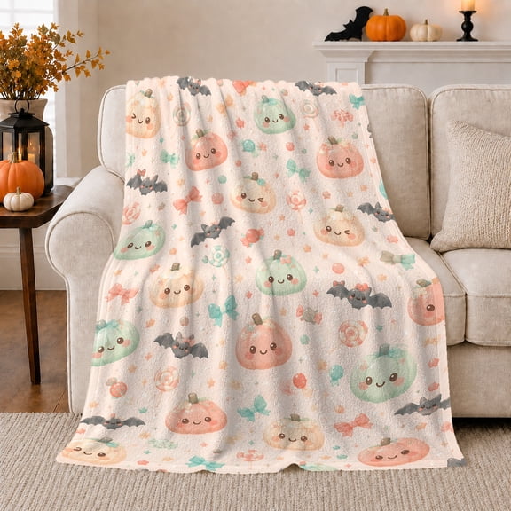 Ghost Pumpkin Scene Ghosts And Pumpkins Spooky Holiday Art Halloween Lovers Playful Harvest Motif Warm Flannel Blanket, Halloween Gift for Living Room and Family Room Home Decor