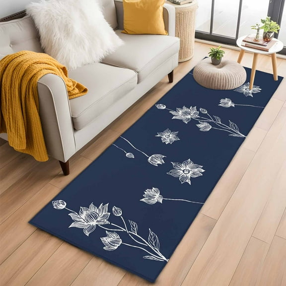 Navy Blue White Floral Kitchen Runner Rug 2x6 Washable Runners for Hallway Non Slip Abstract Art Summer Botanical Large Area Rug Indoor Floor Carpet for Bathroom Laundry Entryway Bedroom Living Room