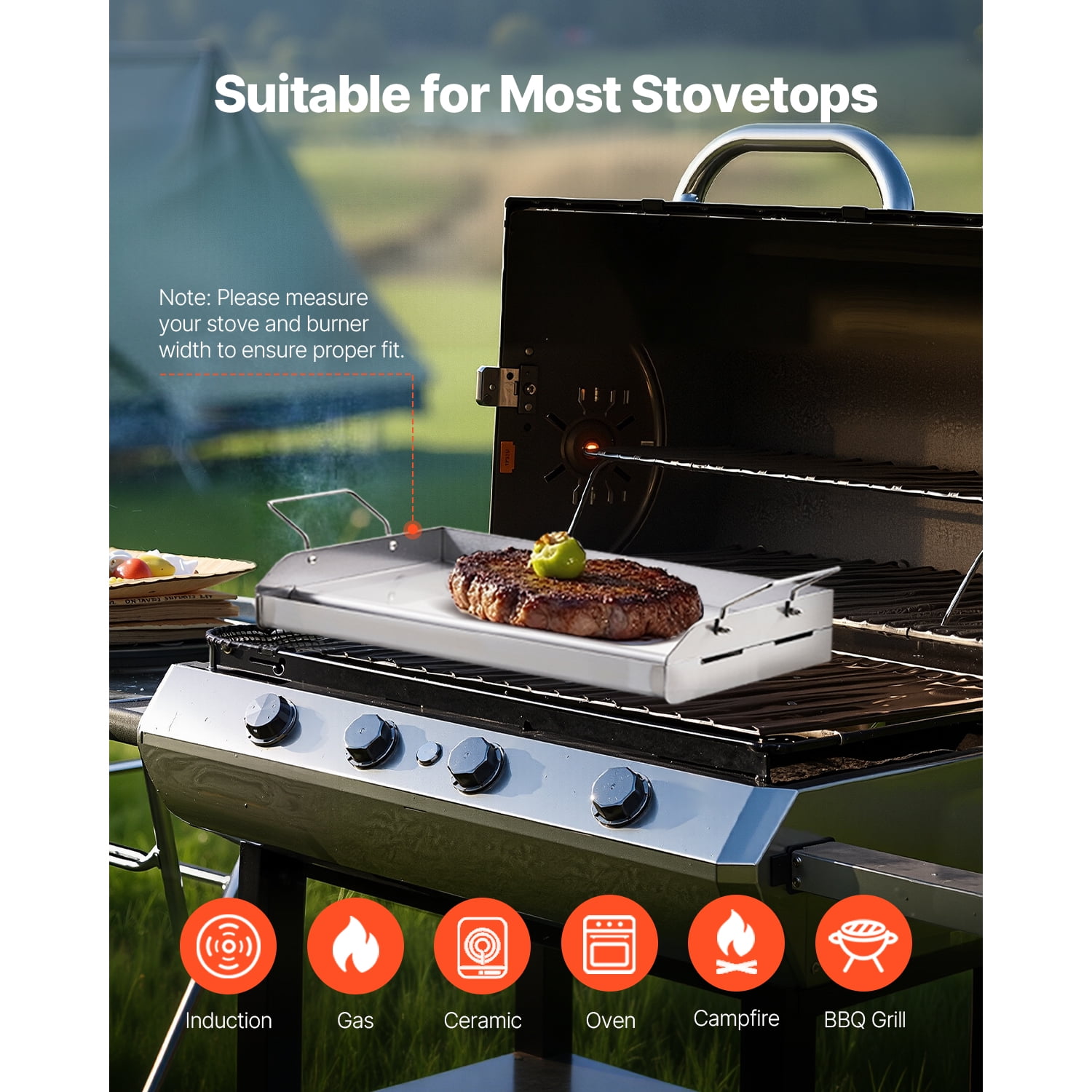 KFFKFF Griddle in Stainless Steel, Dimensions 17x13 inches, Flat Rectangular Universal Plate, Suitable for BBQ Grill, Teppanyaki, Compact Cookware with Handle, Ideal for Outdoor Activities