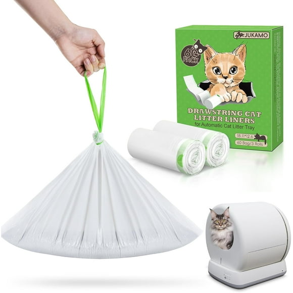AIR-60 Pack Cat Litter Box Liners for Meo Want SC01, MW-SC02, MW-LR01,1.5 Mil Thick Drawstring Heavy Duty Leak-proof Disposable Smart Self-Cleaning Litter Box Robot Waste Drawer Trash Bags 18" x 12.6