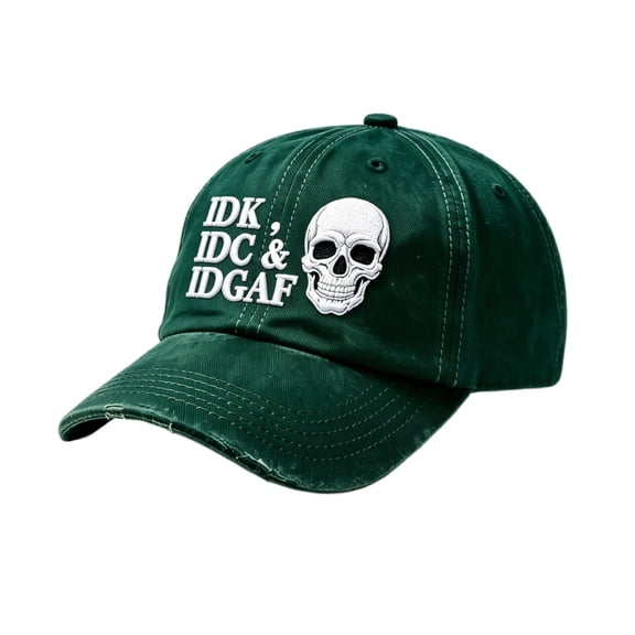 JULMCOMO IDK IDC & IDGAF Skull Embroidered Baseball Cap Distressed Vintage Rebel Sarcastic Adjustable Dad Hat Casual Baseball Cap Dark Green