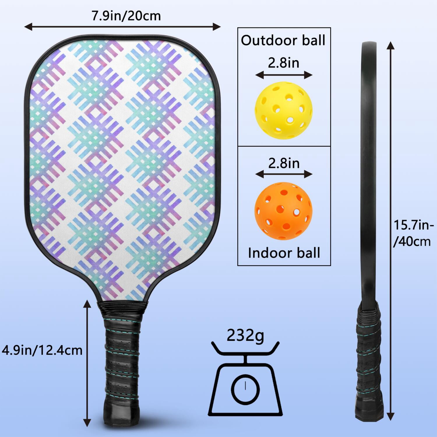 Pickleball Paddles Set Of 1, Fiberglass Surface, Colorful Lines Print, 1 Paddle, 2 Balls & Bag
