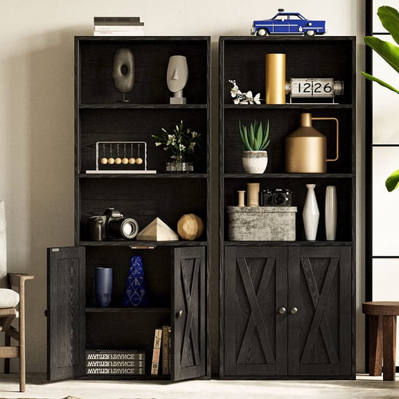Industrial Bookshelves and Bookcases with Doors 11.8 in Depth Floor Standing 5 Shelf Display Storage Shelves Bookcase Home Decor Furniture for Home, Office, Living Room, Bedroom