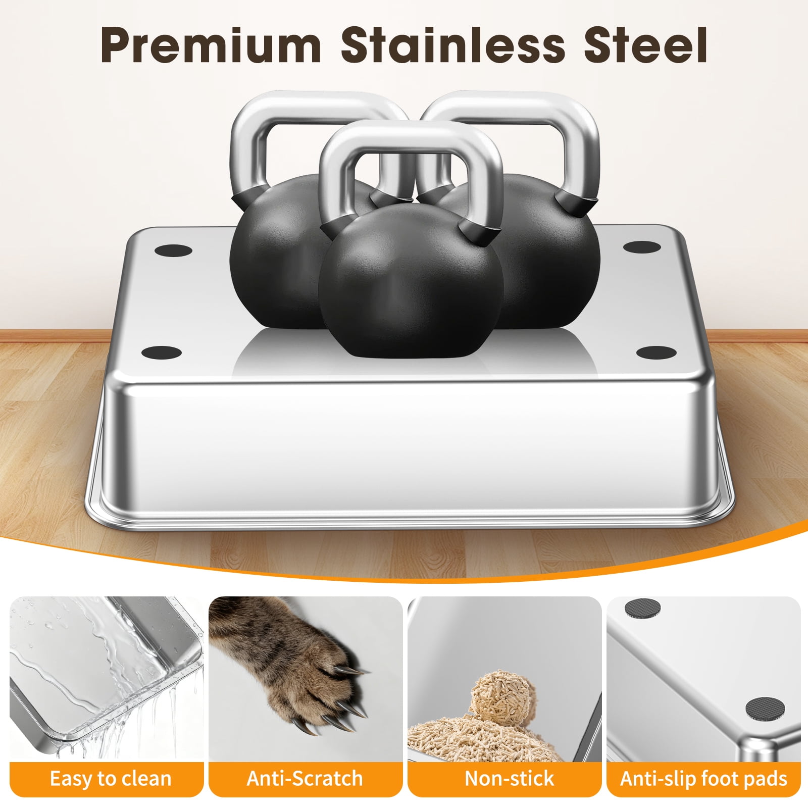 Stainless Steel Cat Litter Box with Lid, XL Enclosed Metal LitterBox for Big Cats, 23 x 15 x 10.2 Inch High Sided Litter Pan, Anti-Tracking Pedal, Non-Stick, Easy Clean, Scoop Included