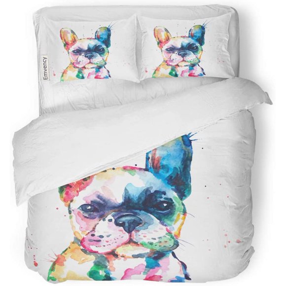 RYLABLUE 3 Piece Bedding Set Frenchie French Bulldog Original Watercolor of Dog Funny Happy Twin Size Duvet Cover with 2 Pillowcase for Home Bedding Room Decoration