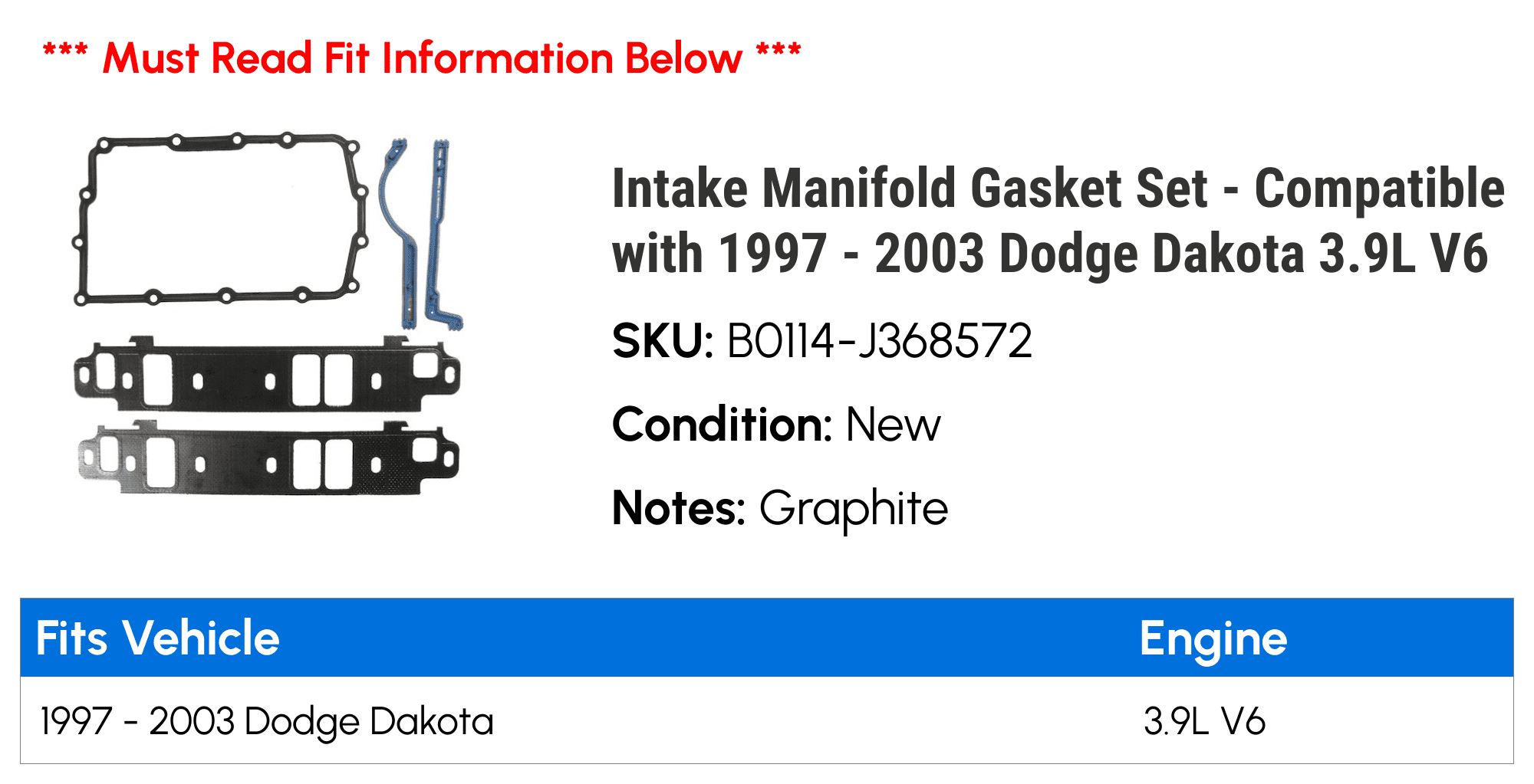 Intake Manifold Gasket Set - Compatible with 1997 - 2003 Dodge Dakota 3.9L V6 1998 1999 2000 2001 2002