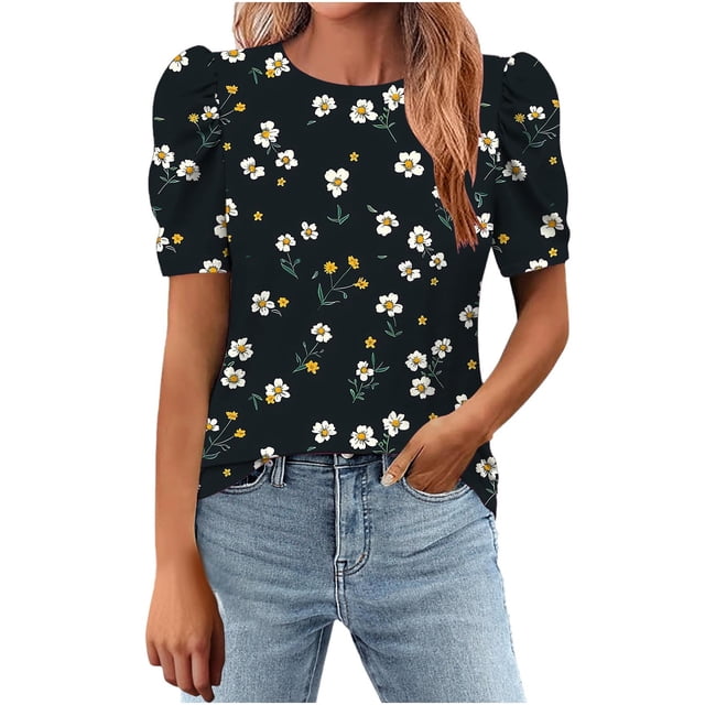 Tops de Algodón de las Mujeres con Cuello Tripulación Plisado Manga Corta Suéter Suelto, Top de Impresión Casual para el Hogar Y el Uso Diario