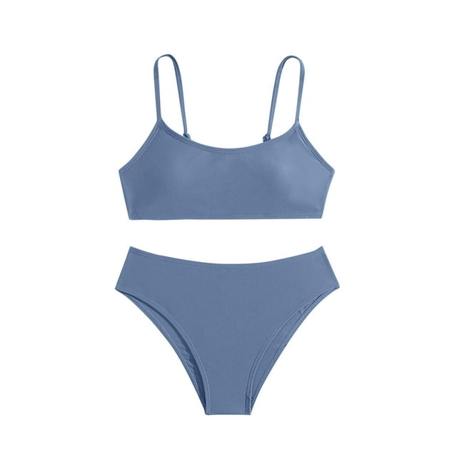 Girl's 2 Piece Beach Swimsuit Solid Spaghetti Strap Triangle Low Waist Holiday Bathing Suit 8-14 Years
