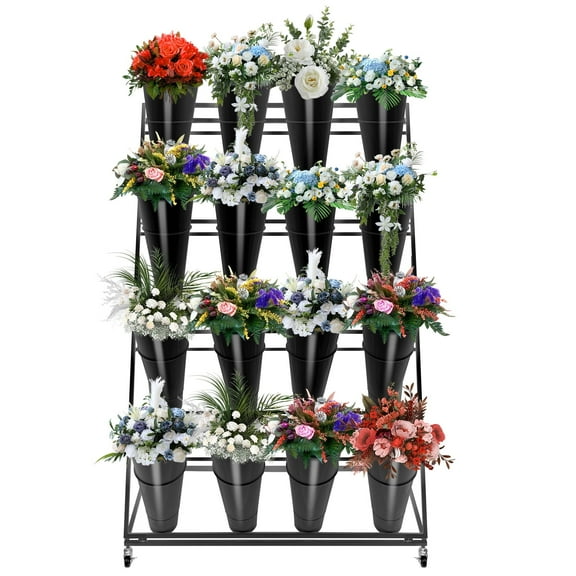 4-Layer Flower Display Stand with 16 Round Buckets, Movable Metal Plant Stand on Wheels, Ideal for Florist Shops, Terrace Gardens & Outdoor Events