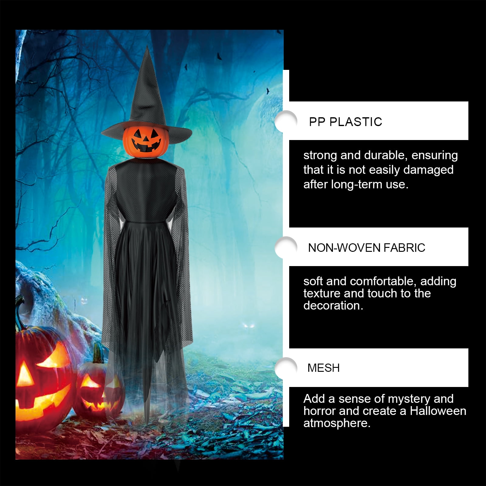 Alvantor Halloween Decorations Outdoor Pumpkin Witch Hanging Set Yard Decor with Ground Stakes Battery Operated Spooky Party Supplies, 1PC 59IN