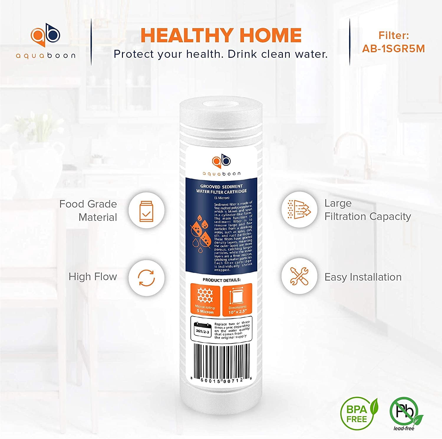 Aquaboon 5 Micron 10" x 2.5" Grooved Sediment Water Filter Replacement Cartridge for Any 10 inch RO Unit | Whole House Sediment Filtration | Compatible with P5, AP110, WFPFC5002, CFS110, RS14, 50-Pack