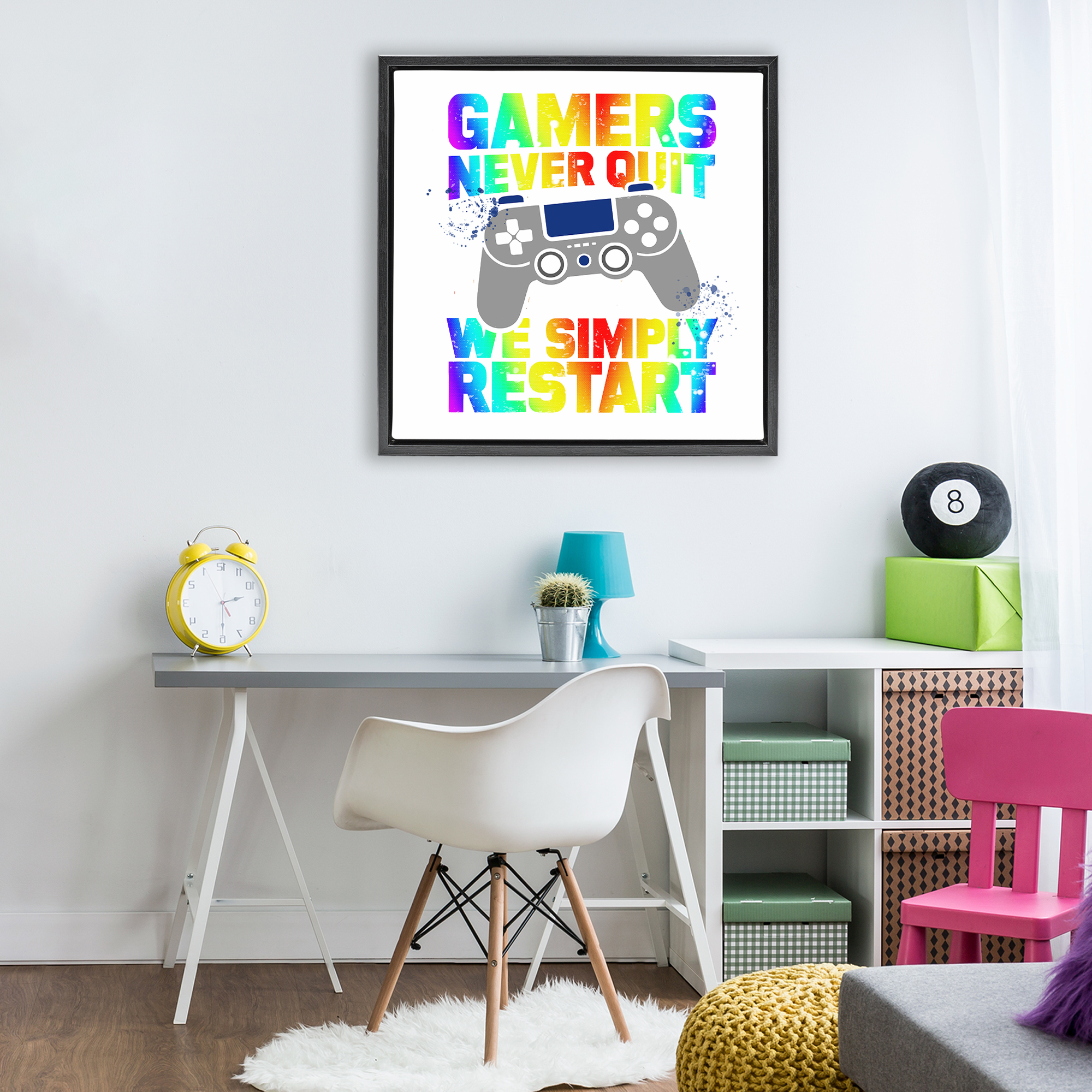 Rainbow Gamers Never Quit Black Framed Floater Canvas Wall Art, design by Kim Allen