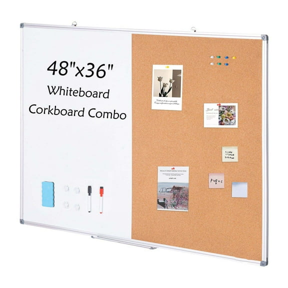 Whiteboard Cork Board Combo 48x36, 2-in-1 Magnetic Dry Erase Bulletin Board - Office School Home