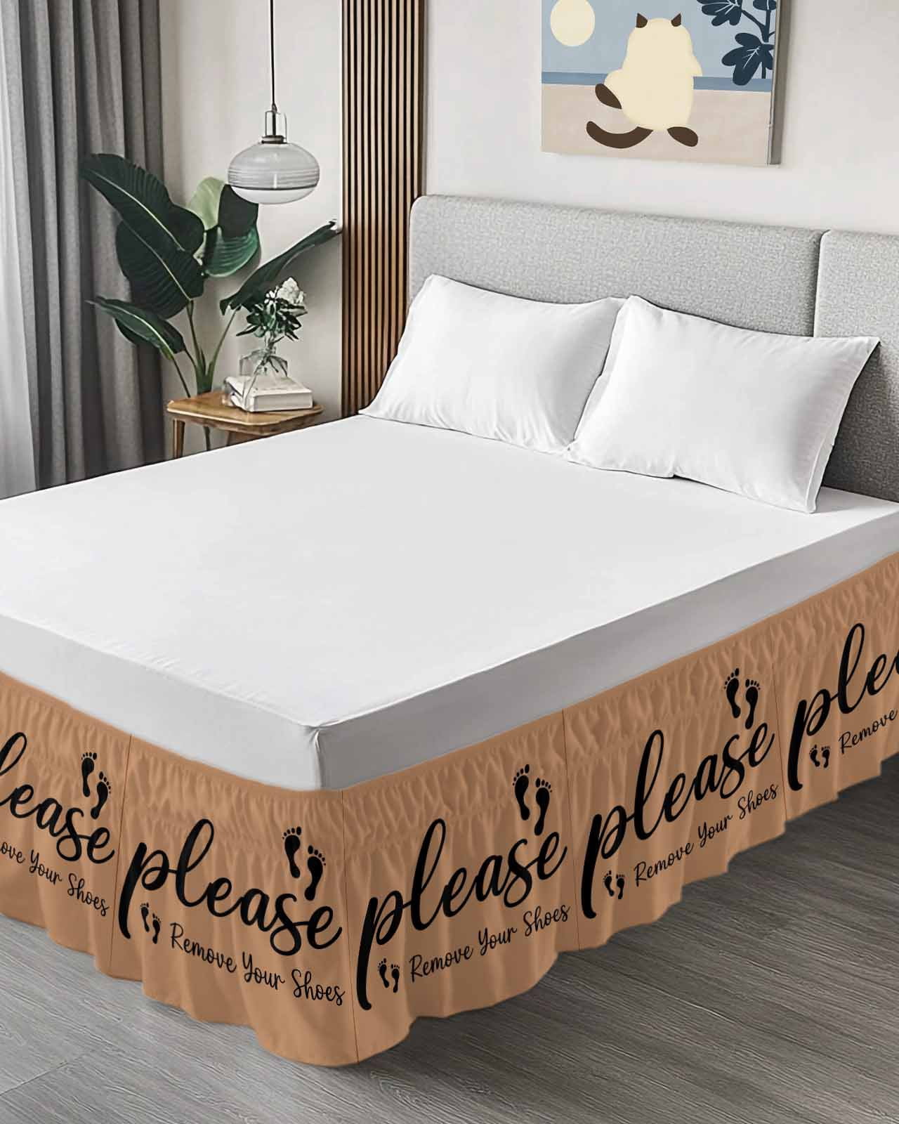 Footprint Wrap Around Bed Skirts for Queen Bed 16" Drop,Bed Skirt with Adjustable Elastic Belt Dust Ruffle Bed Valance for Bedroom Hotel Vintage Brown Black Please Remove Your Shoes Bed Frame Cover