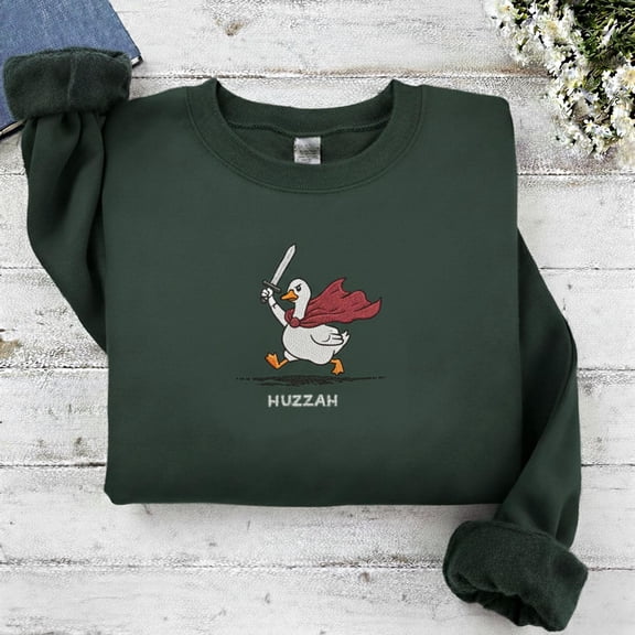 Huzzah Goose Embroidered Sweatshirt, Funny DnD Pullover, Renaissance Faire Goose Shirt, Medieval Fantasy Gamer Gift