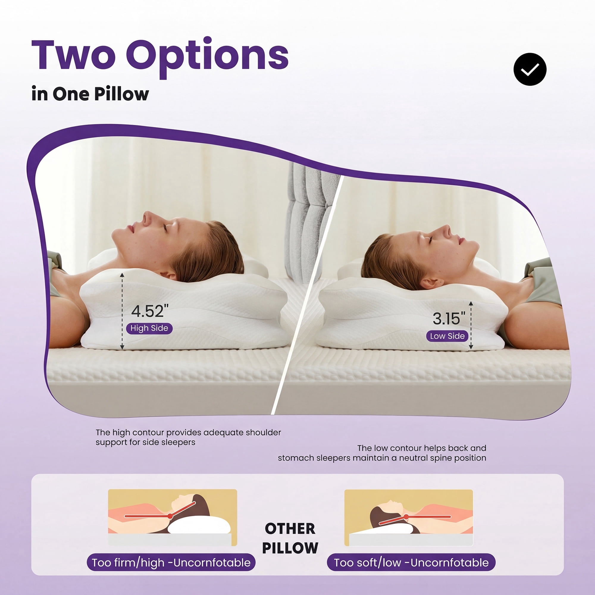 JIOABL Memory Foam Cervical Pillow, Ergonomic Contour Bed Pillow with 2 Heights, Breathable Washable Cover, Neck Support for Side/Back Sleepers, White