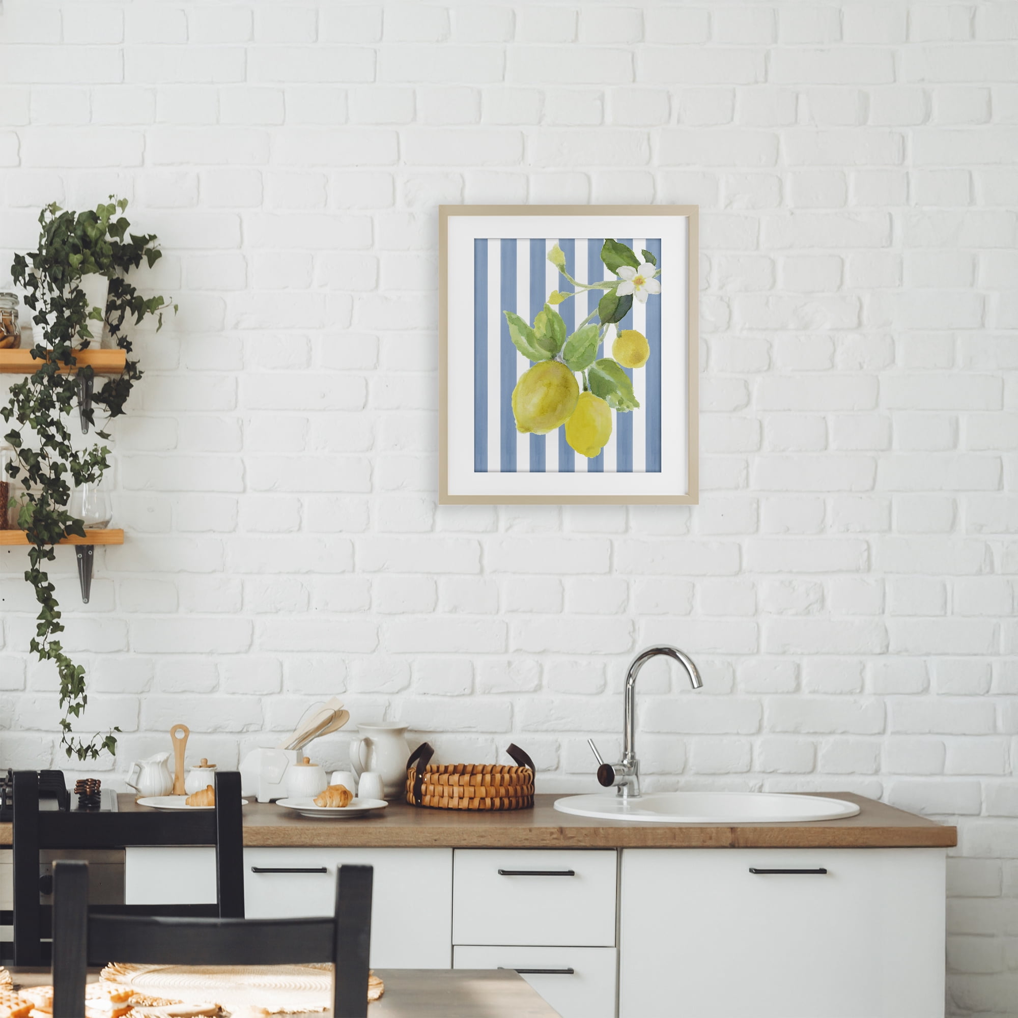Stupell Industries Lemon Blossom on Blue Stripes Birch Framed Print Under Glass, design by Lanie Loreth