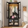 thumbnail image 5 of 2 Glass Doors Armoire Wardrobe Closet with 2 Storage Cabinets & LED Sensor Light, 71" H Wooden Clothes Closet Wardrobe with Hanging Rod for Bedroom, 5 of 8