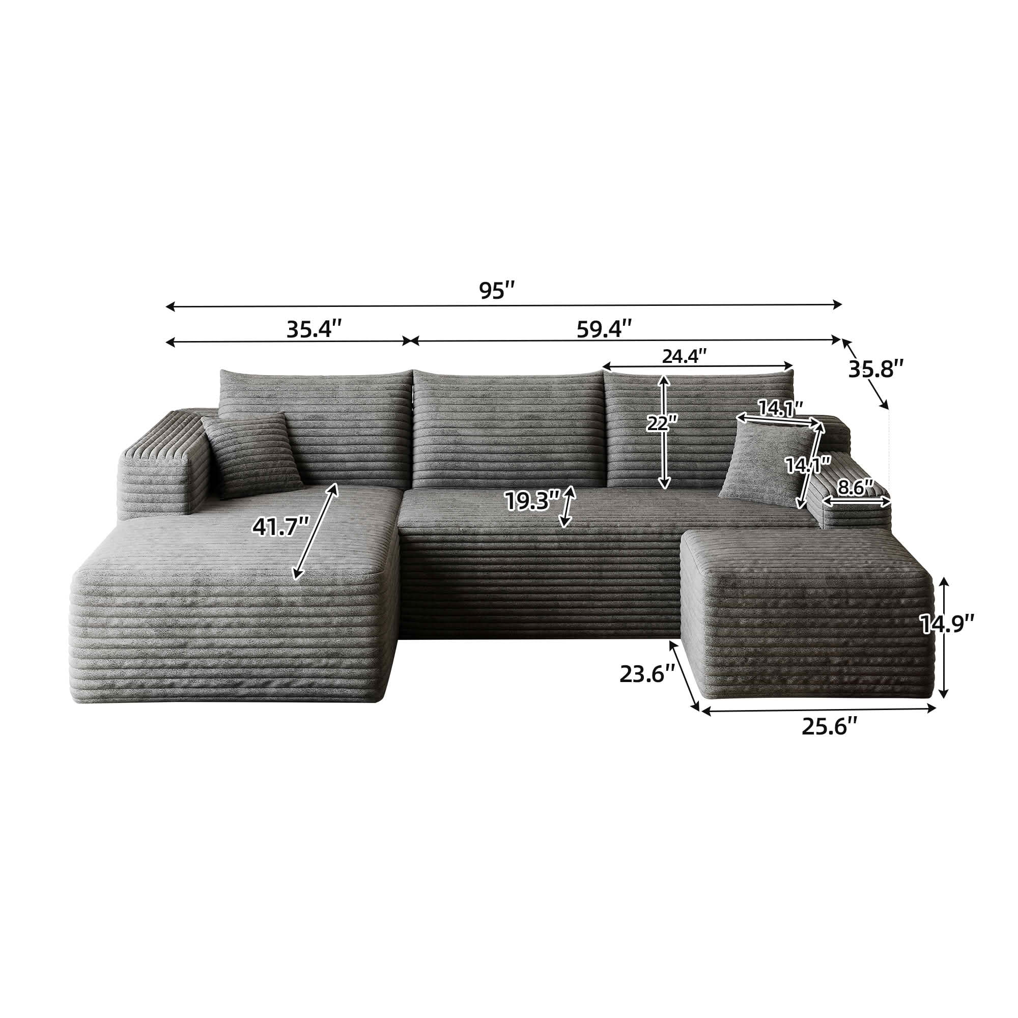 MAYEERTY 95" Corduroy U-Shaped Sectional Sofa with Ottoman, Deep Seat Cloud Couch, No Assembly Leisure Sofa for Home